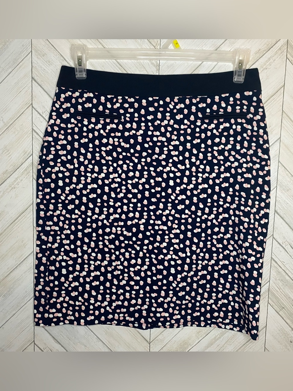 Margaret M Navy Pencil Skirt with Pink Dot Print